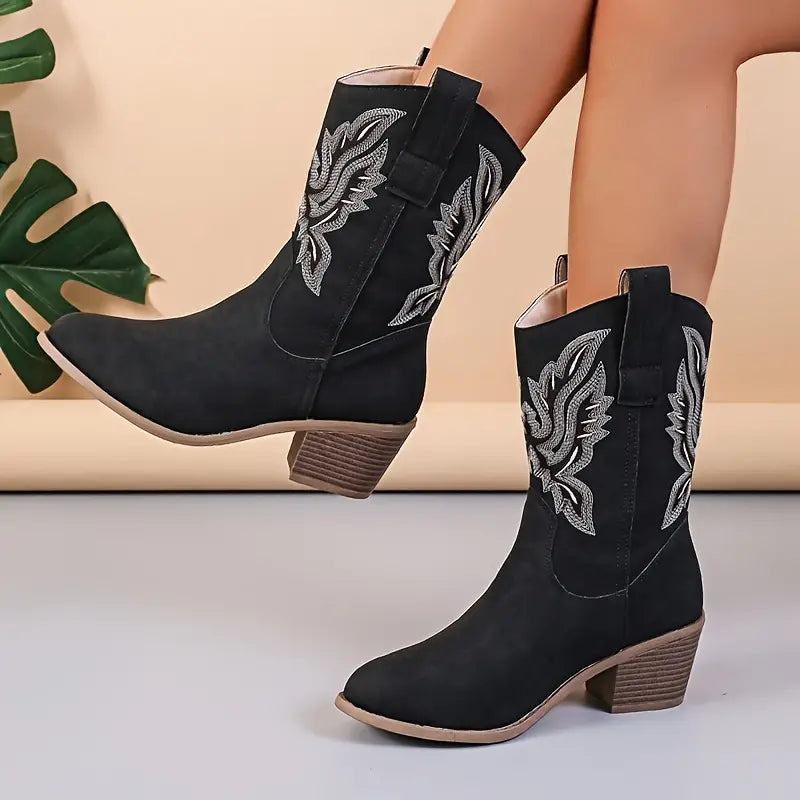 Cowboystiefel - Damen Knöchelhoche Blockabsatz Cowgirl-Stiefel EB