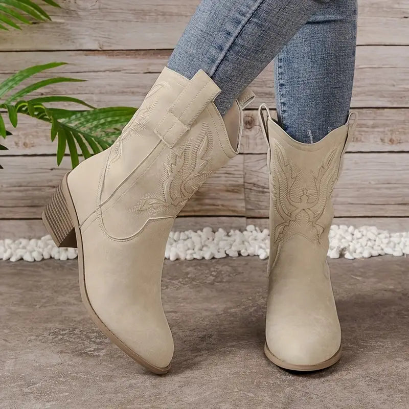 Cowboystiefel - Damen Knöchelhoche Blockabsatz Cowgirl-Stiefel EB