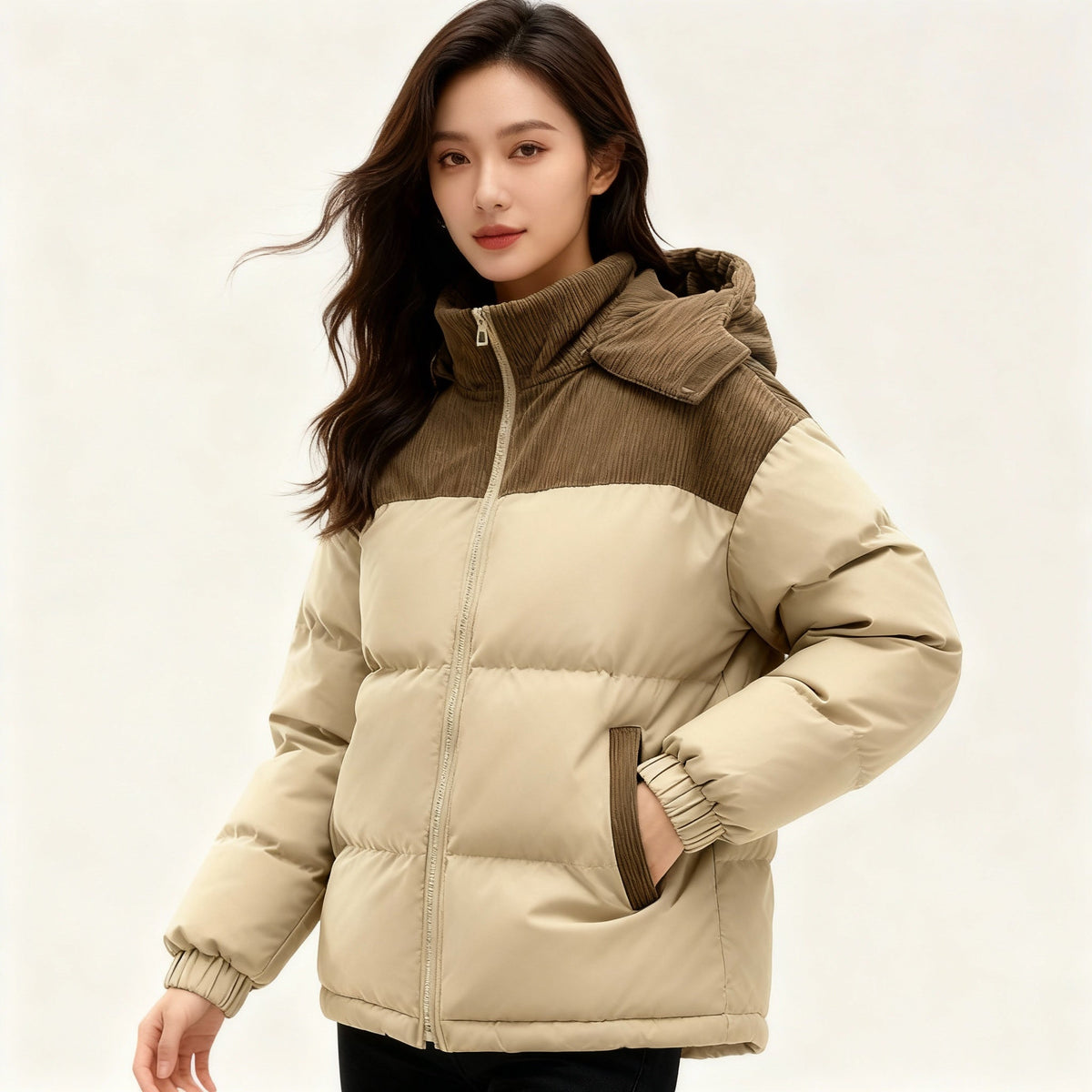 Damen isolierte Pufferjacke mit kuscheligem Innenfutter und verstellbarem Kapuzensystem – EB