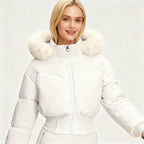 Damen cropped Daunenjacke mit abnehmbarer Kapuze und Kunstfellbesatz
