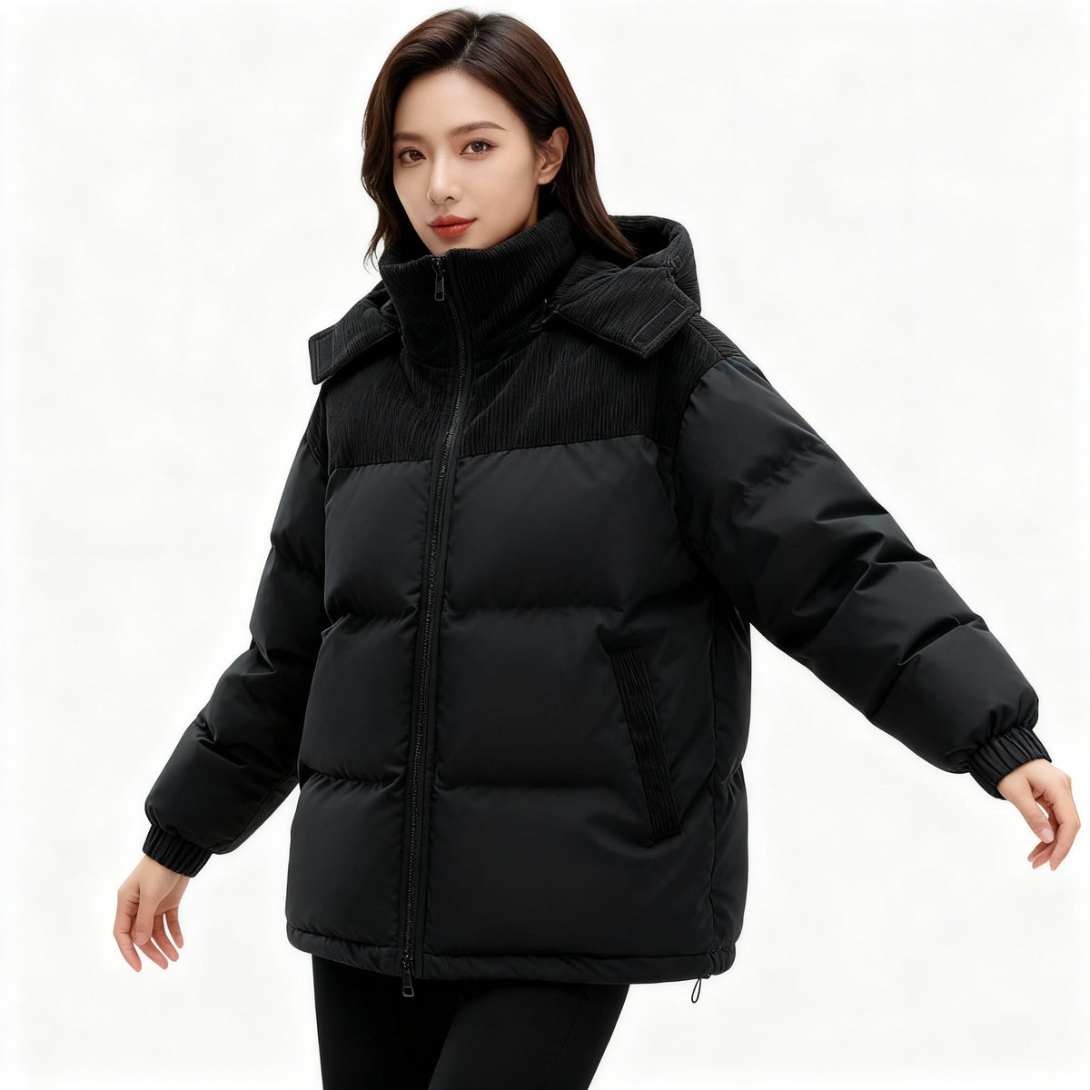 Damen isolierte Pufferjacke mit kuscheligem Innenfutter und verstellbarem Kapuzensystem – EB
