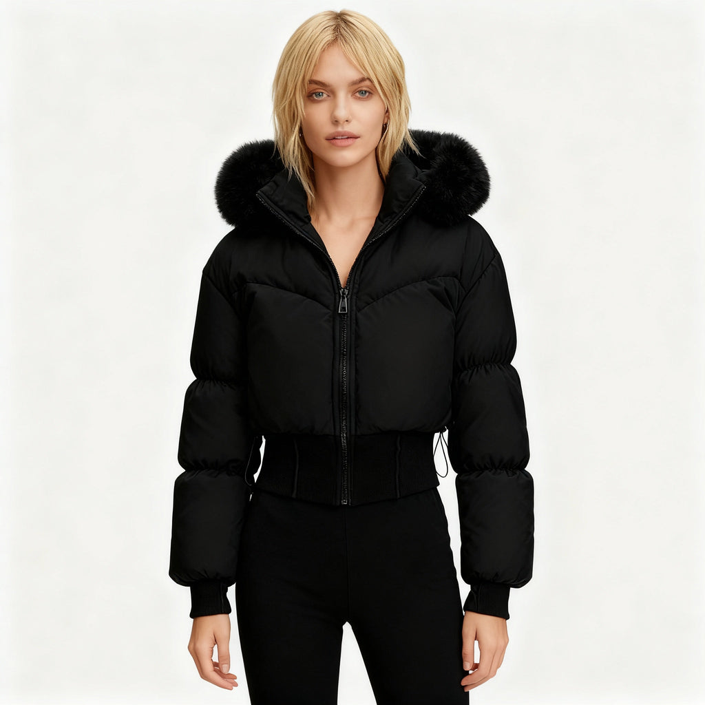 Damen cropped Daunenjacke mit abnehmbarer Kapuze und Kunstfellbesatz