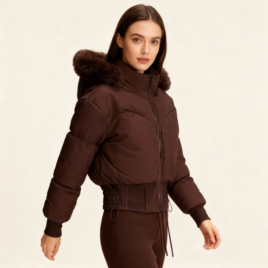 Damen cropped Daunenjacke mit abnehmbarer Kapuze und Kunstfellbesatz