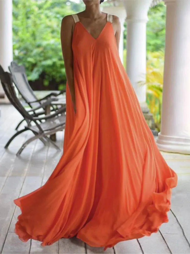 Chloë - Damen Maxikleid im Boho-Stil mit V-Ausschnitt, ärmellos, Sommer, einfarbig, lockere Passform