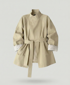Damen Mode online taillierter Trenchcoat mit Stehkragen und Spitzenmanschetten EB