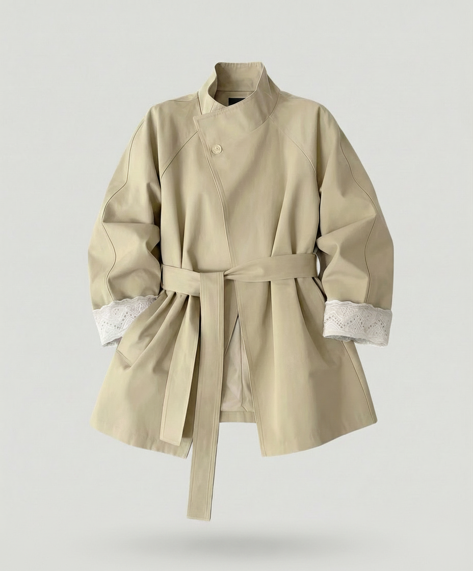 Damen Mode online taillierter Trenchcoat mit Stehkragen und Spitzenmanschetten EB