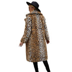 Damen Langer Mantel mit Leopardenmuster und weichem Kunstfell EB