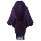 Damen luxuriöser Strickponcho mit elegantem Kunstfellkragen und Fransen EB