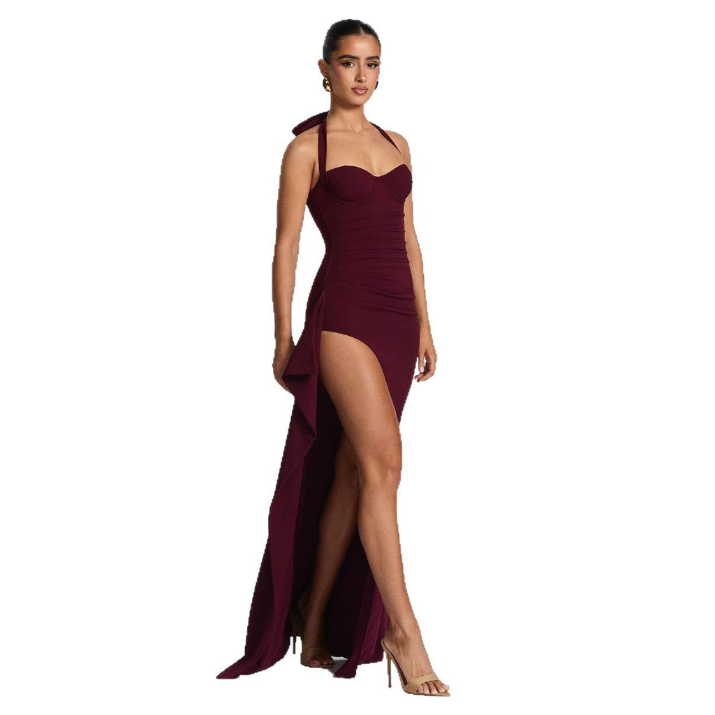 Damen Elegantes Kleid mit asymmetrischem Saum und schicker Nackenbindung EB