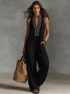 Damen luftiger Jumpsuit mit elegantem V-Ausschnitt und besticktem Kragen EB