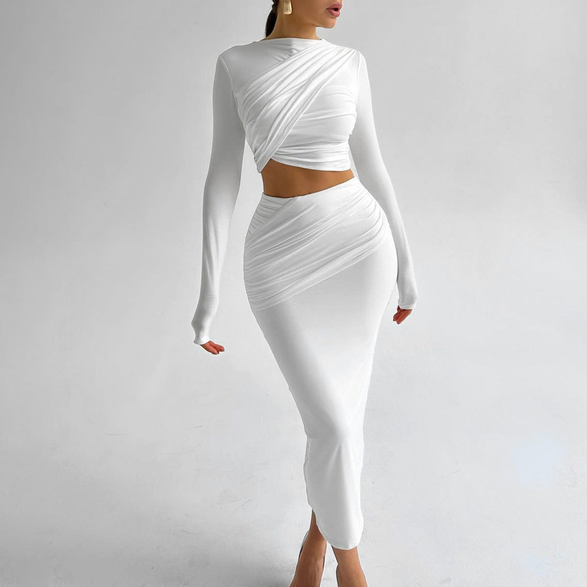 Damen Elegantes Crop-Top und Maxirock Ensemble mit Wickeldesign EB