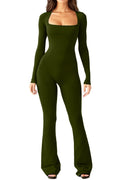 Damen nan figurbetonter Langarm-Jumpsuit mit quadratischem Ausschnitt und ausgestellter Schlaghose EB
