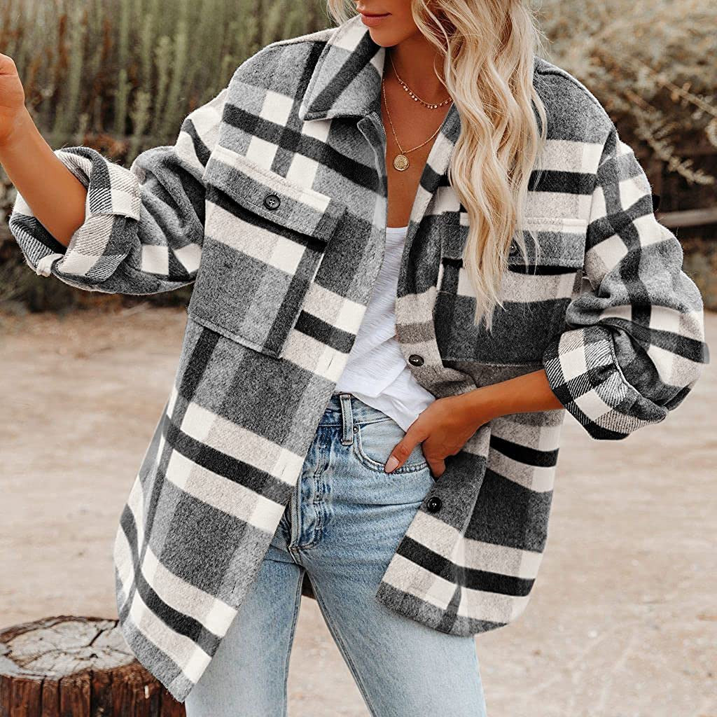 Damen Flanell Overshirt mit kariertem Muster und praktischen Brusttaschen EB