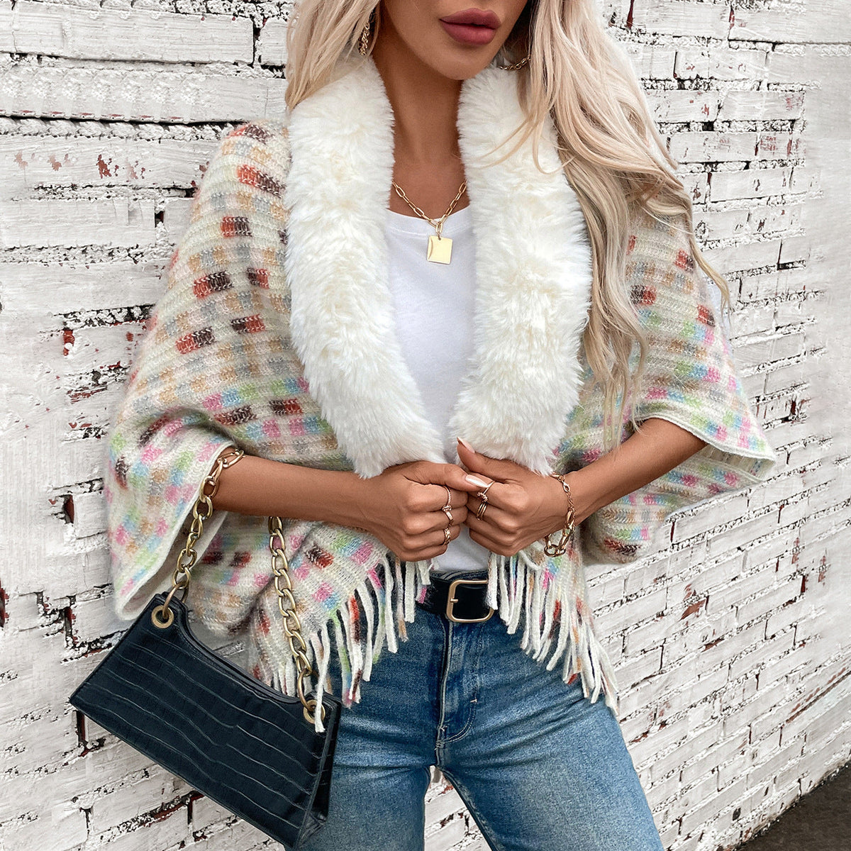 Damen eleganter Poncho mit luxuriösem Kunstfellkragen und Fransen EB