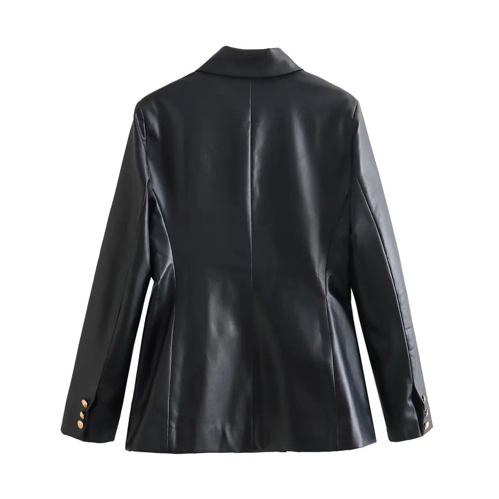 Damen elegante Kunstleder-Blazerjacke mit doppelter Knopfleiste und goldenen Akzenten EB