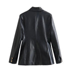 Damen elegante Kunstleder-Blazerjacke mit doppelter Knopfleiste und goldenen Akzenten EB