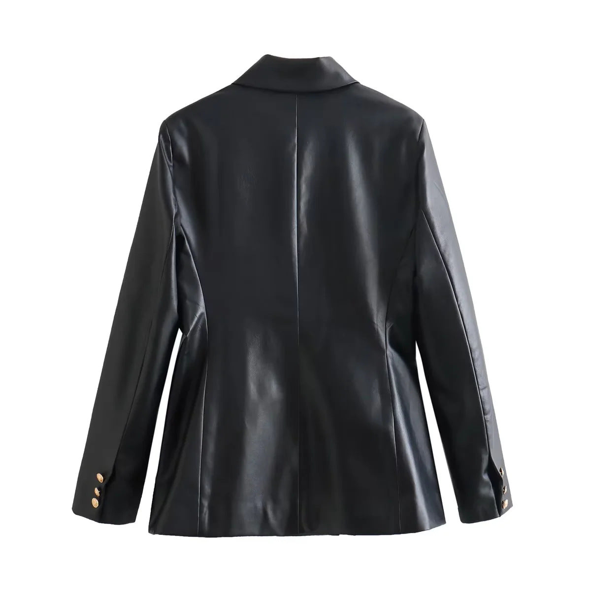 Damen elegante Kunstleder-Blazerjacke mit doppelter Knopfleiste und goldenen Akzenten EB