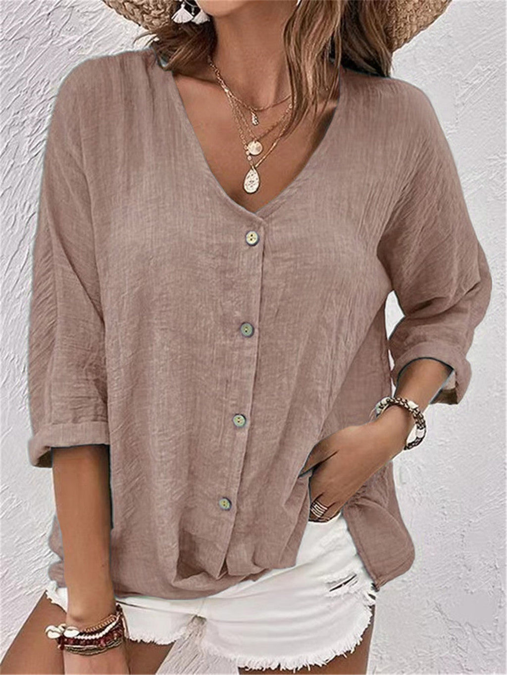 Damen lässige Bluse mit Knopfdetail und weitem Schnitt EB