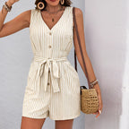 EB | Einfache ärmellose gestreifte Jumpsuit-Shorts mit V-Ausschnitt