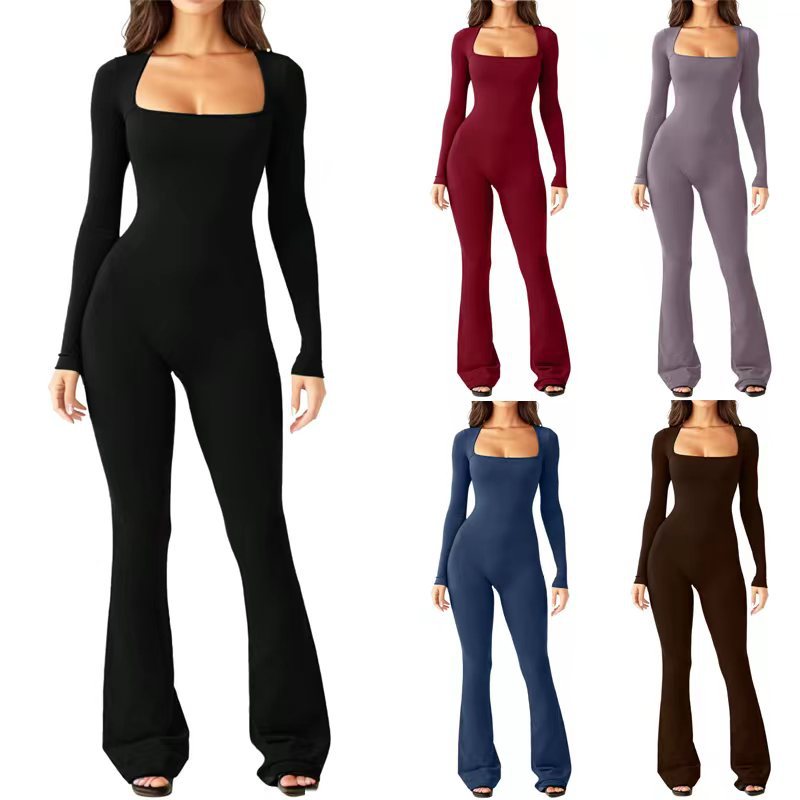 Damen Eleganter Langarm-Jumpsuit mit weitem Bein und tiefem Ausschnitt EB
