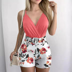 Damen Body mit tiefem V-Ausschnitt und floralem High-Waist Shorts Set EB