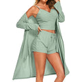 Damen nan dreiteiliges Lounge-Set mit langem Kimono, geripptem Spaghettiträger-Croptop und elastischen Kordel-Shorts EB