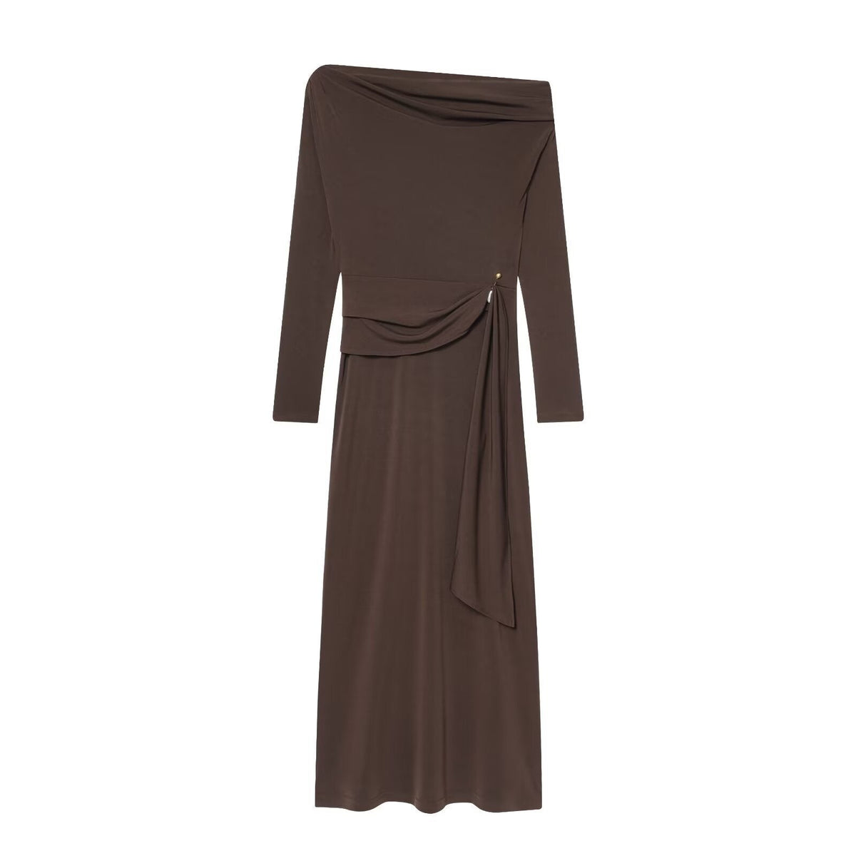 Damen elegantes Maxikleid mit asymmetrischem Ausschnitt und dekorativer Drapierung EB