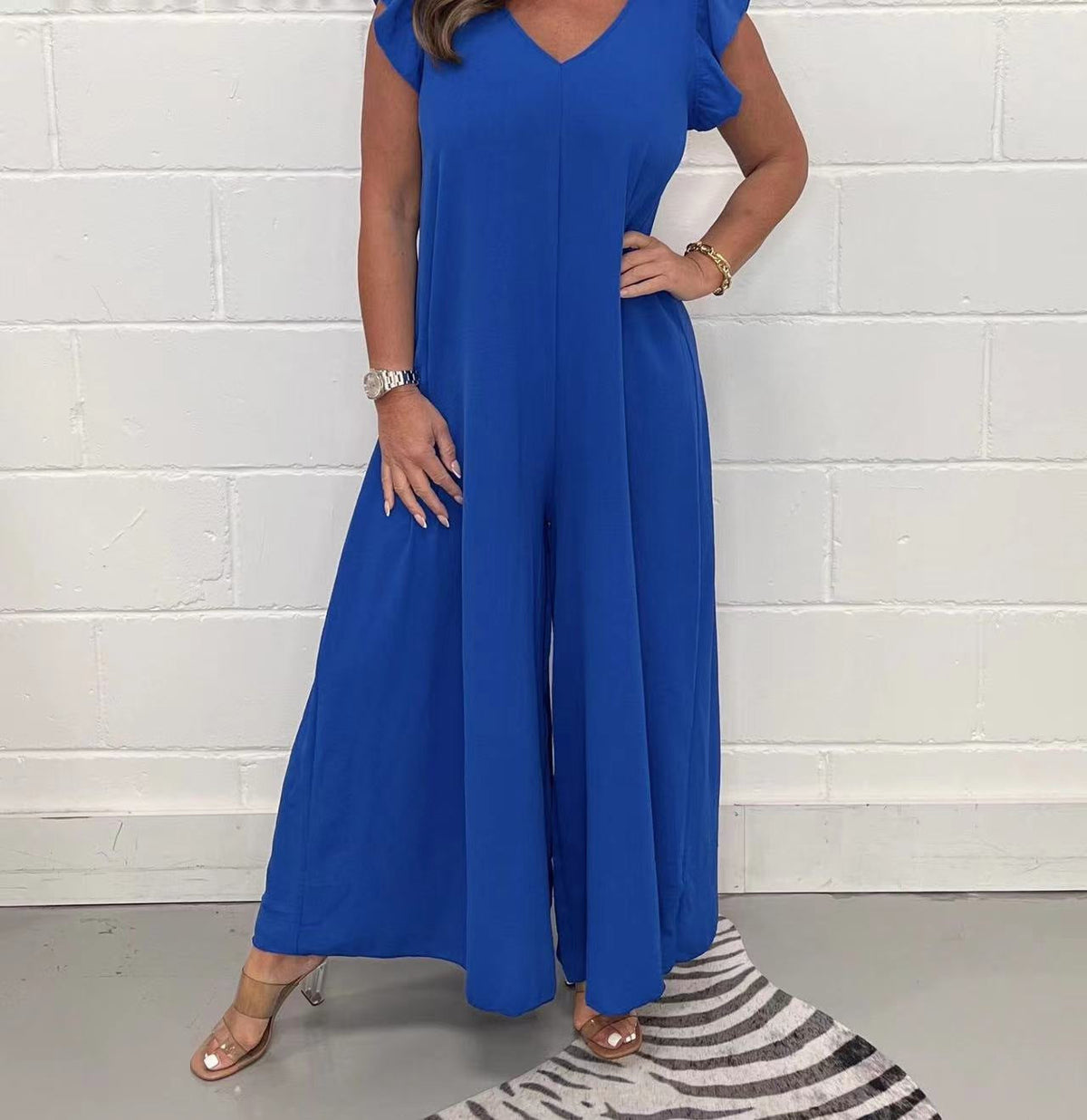 Damen luftiger Jumpsuit mit weit geschnittenem Bein und V-Ausschnitt EB
