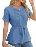 Damen elegante Bluse mit Falten-Design und Taillengürtel EB