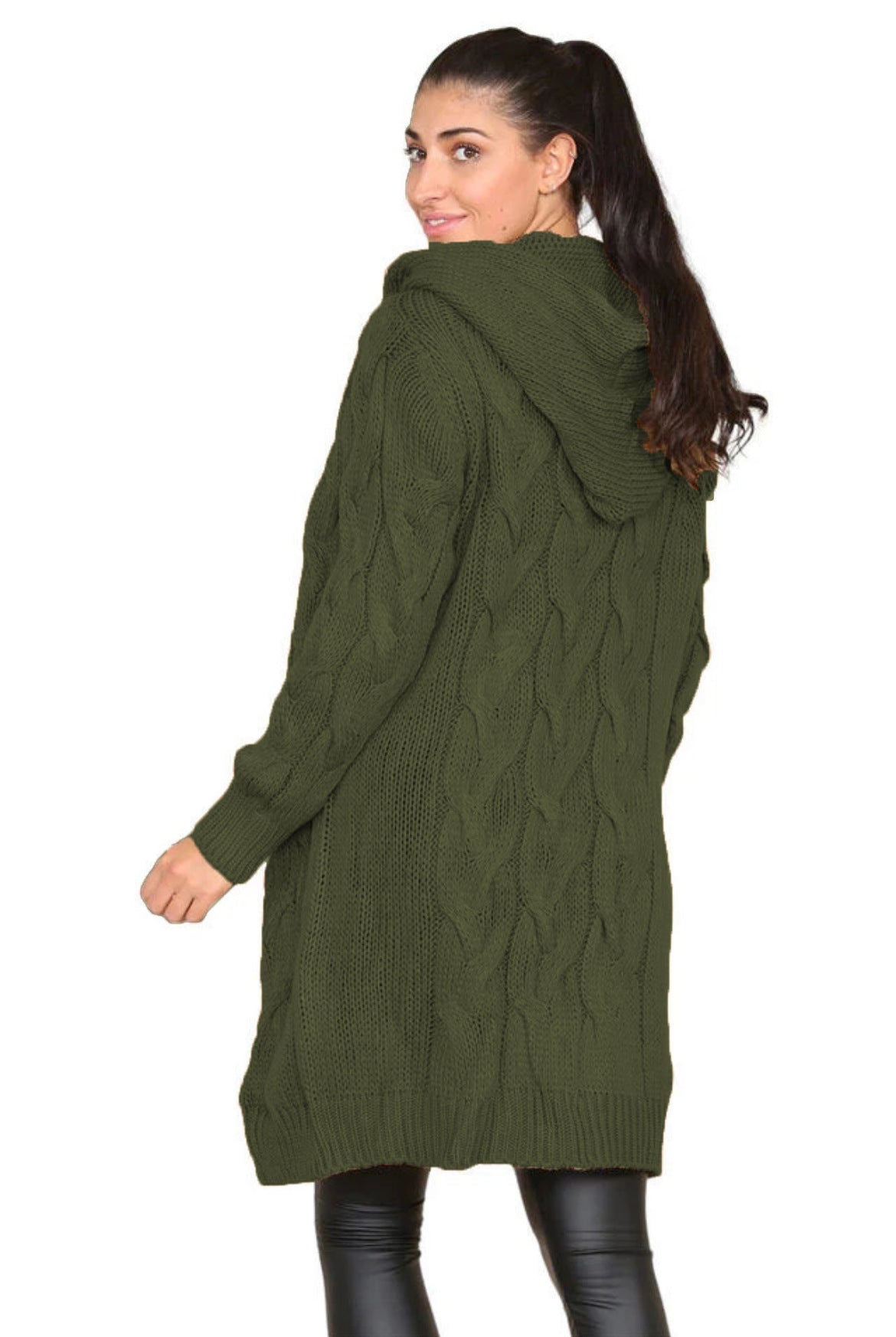 Damen Langer Strickmantel mit elegantem Zopfmuster und Kapuze EB