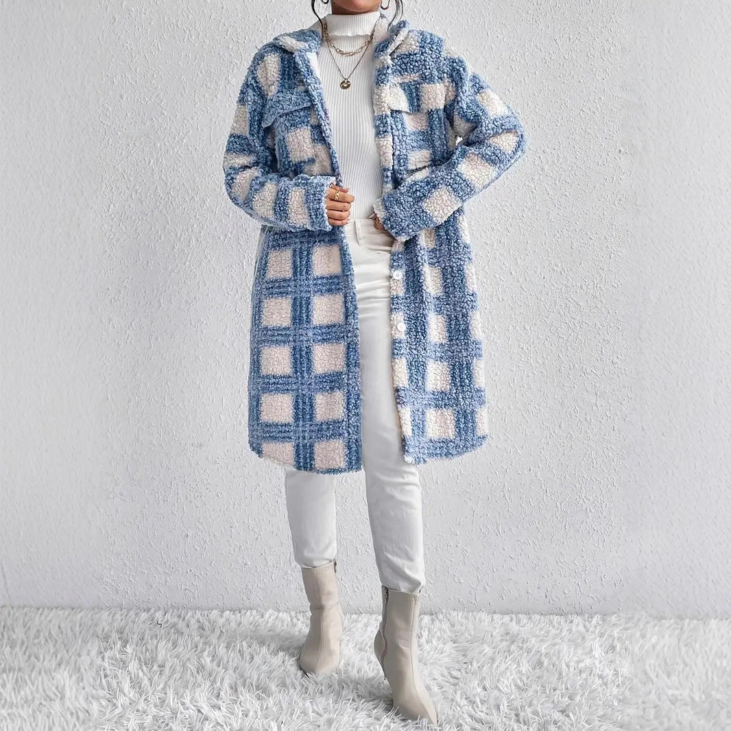 Women's teddy coat with large check pattern, shirt collar, and button closure Mune Fashion