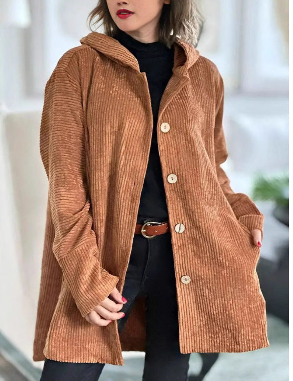 Damen Fleece-Hoodie-Mantel mit Knopfleiste und geripptem Design EB