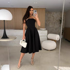 Damen A-linien Cocktailkleid mit trägerlosem Schnitt und schwingendem Rock EB