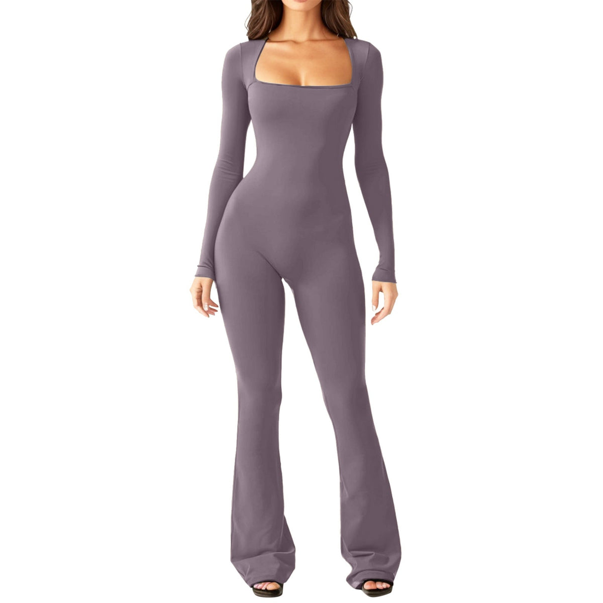 Damen Eleganter Langarm-Jumpsuit mit weitem Bein und tiefem Ausschnitt EB