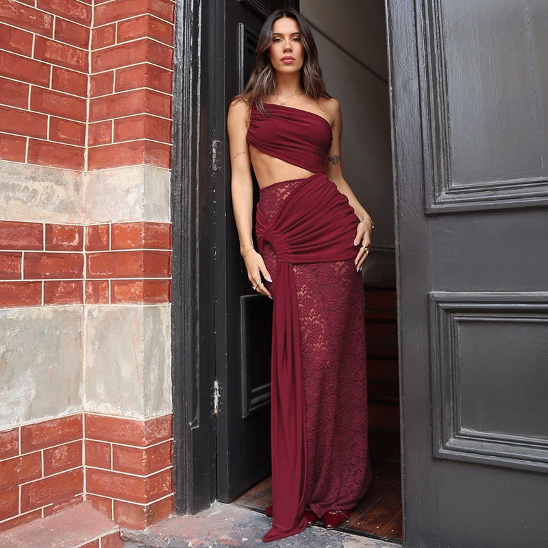 Damen Elegantes Maxikleid mit asymmetrischem Design und Spitzenverarbeitung EB