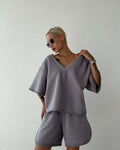 Damen lässiges Oberteil und Shorts-Set mit V-Ausschnitt und weitem Schnitt EB