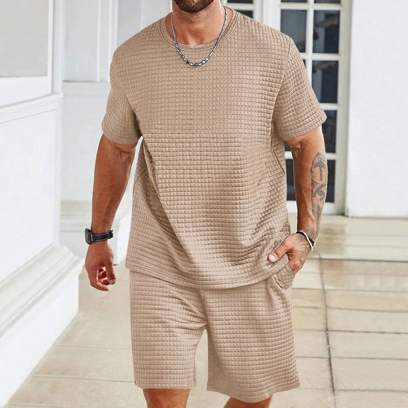 Leichtes Herren-Freizeitset in Waffelstruktur mit Rundhals-T-Shirt und Shorts