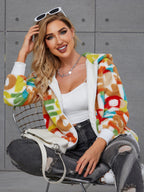 Damen Flauschige Kapuzenjacke mit buntem Muster und praktischen Taschen EB