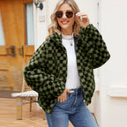 Damen Fleecejacke mit modernem Karomuster und hohem Kragen EB