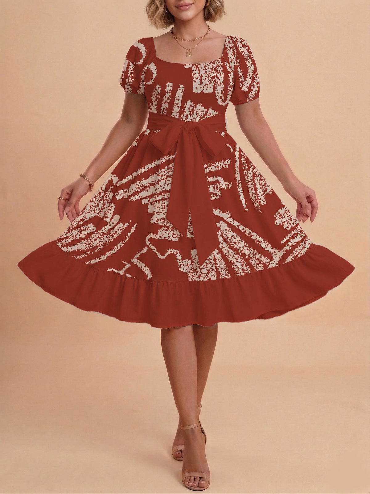 Damen A-Linien-Kleid mit floralen Motiven und taillierbarem Gürtel EB