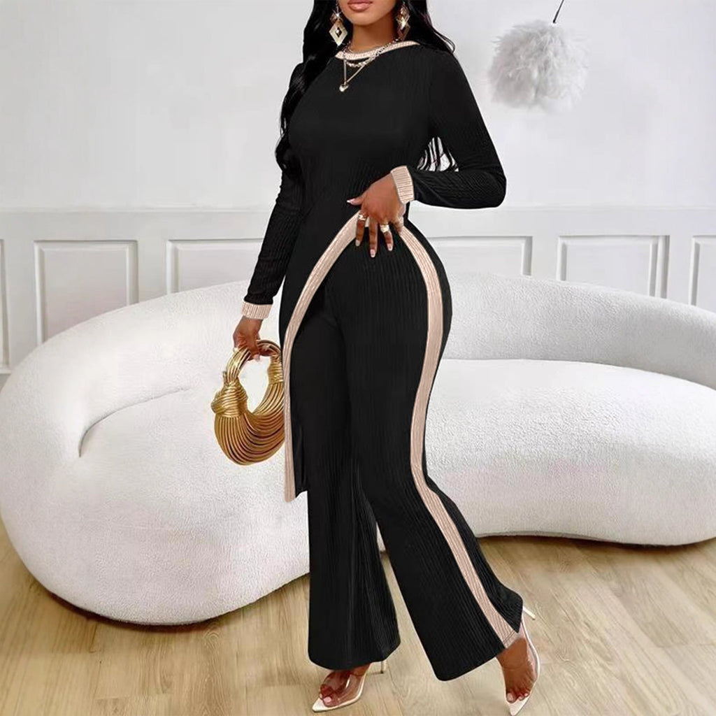 Damen nan eleganter Rippen-Jumpsuit mit asymmetrischer Wickeloptik, taillierendem Cut-Out und kontrastierenden Seitenstreifen EB