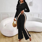 Damen nan eleganter Rippen-Jumpsuit mit asymmetrischer Wickeloptik, taillierendem Cut-Out und kontrastierenden Seitenstreifen EB