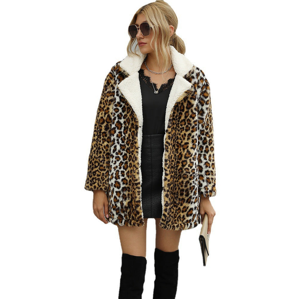 Damen Kunstfelljacke mit modischem Leopardenmuster und weichem Innenfutter EB