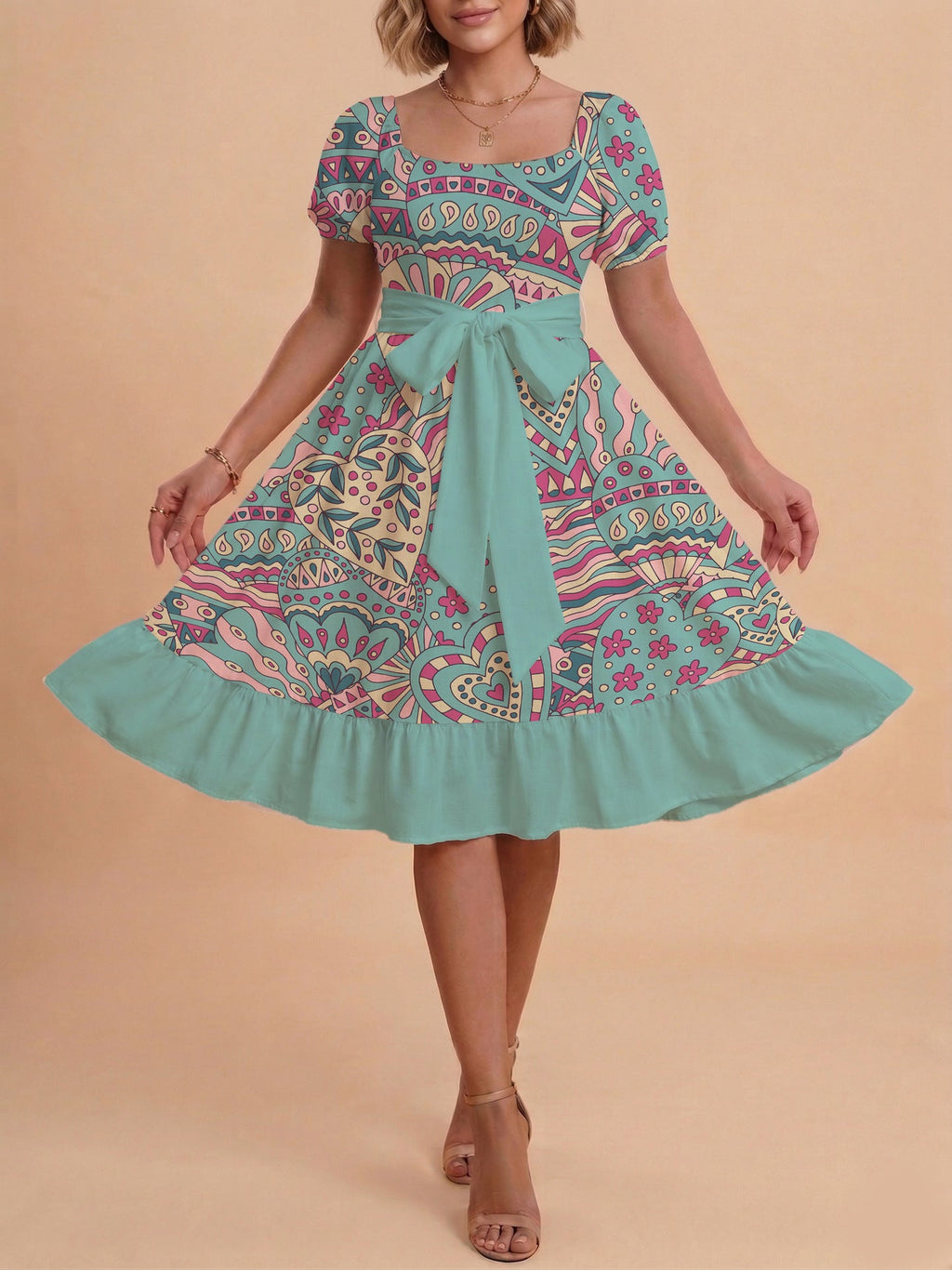 Damen A-Linien-Kleid mit floralen Motiven und taillierbarem Gürtel EB