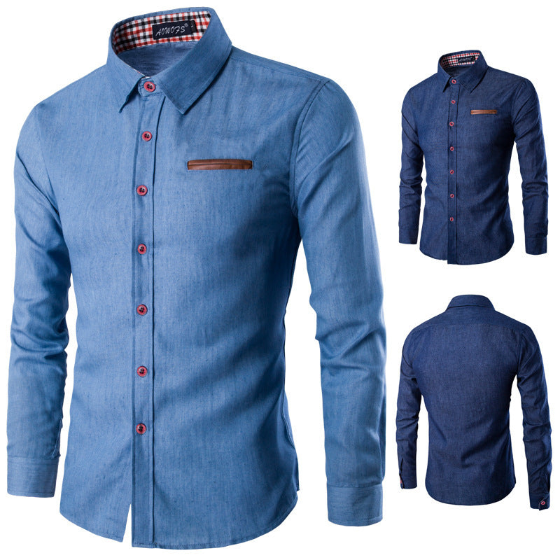 Herren Denim Langarmhemd mit kontrastierenden Knöpfen und Brusttasche EB