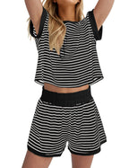 Damen Lässiges gestreiftes Set aus lockerer Oberteil und Shorts EB