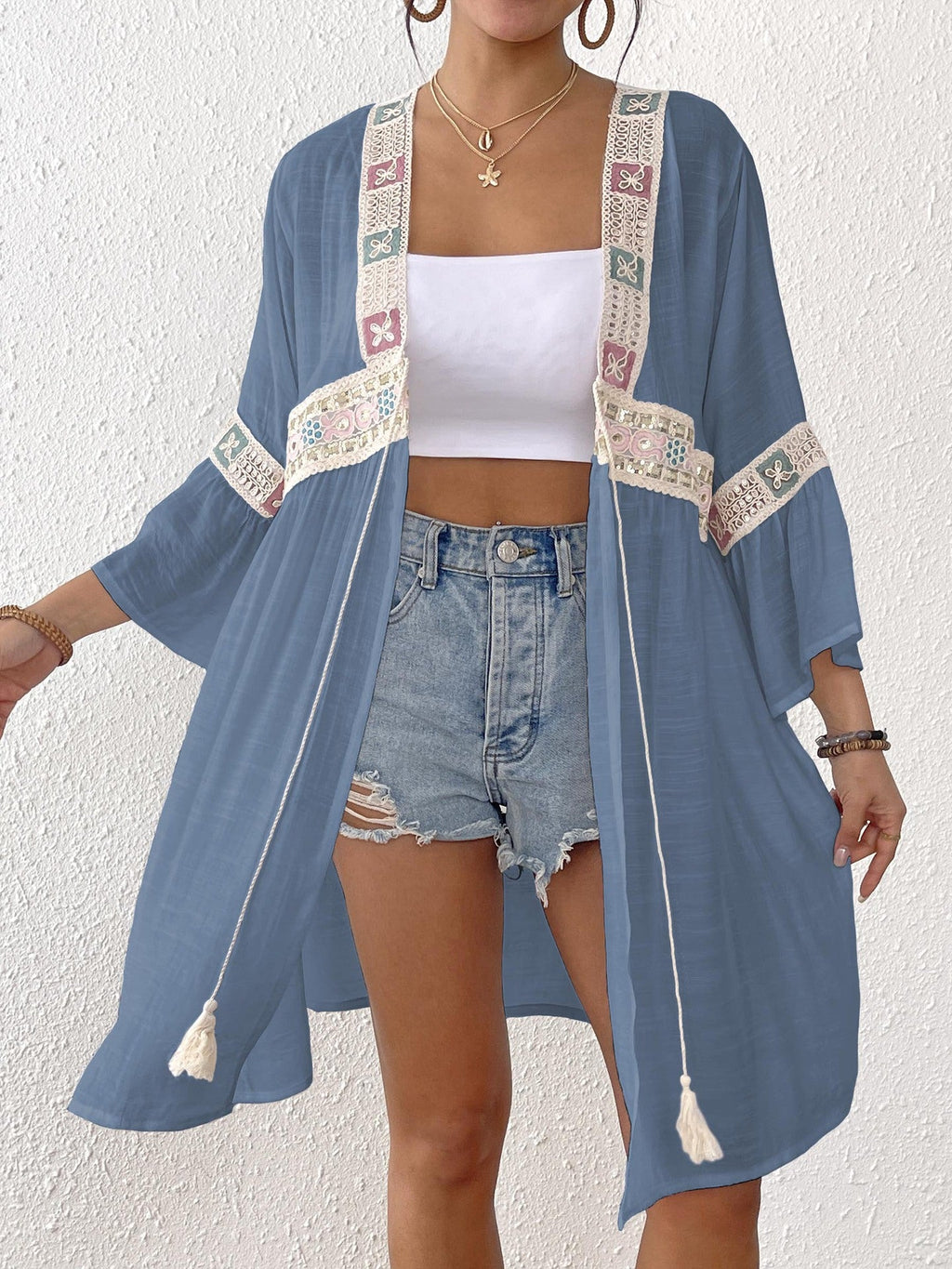 Damen luftiger Strandkimono mit floralen Stickereien EB
