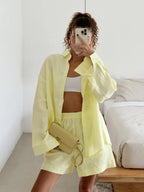 Damen lässiges Leinen Set mit lockerer Bluse und Shorts EB