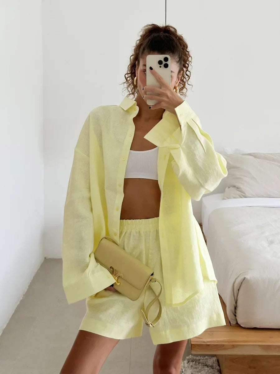 Damen lässiges Leinen Set mit lockerer Bluse und Shorts EB