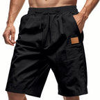Herren nan leichte Freizeit-Bermudashorts mit Elastikbund, Kordelzug und dezenter Lederapplikation EB